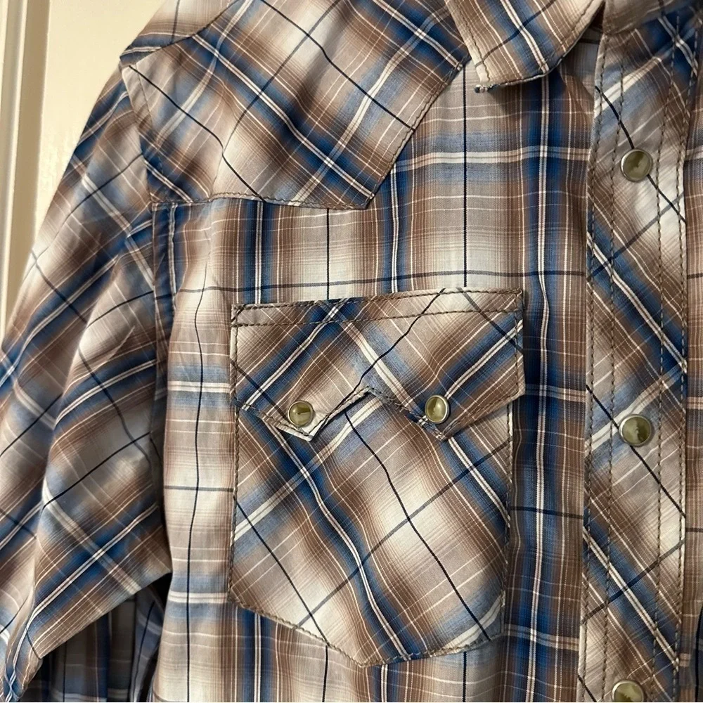 Wrangler Shirt Tan Blue Pearl Snap Rodeo Western Sawtooth Pockets Cowboy Sz XXL